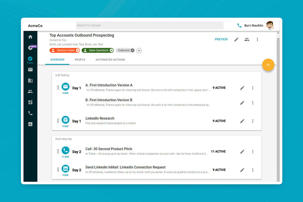 Automate communication flows with multi-step email, phone, and social touches.